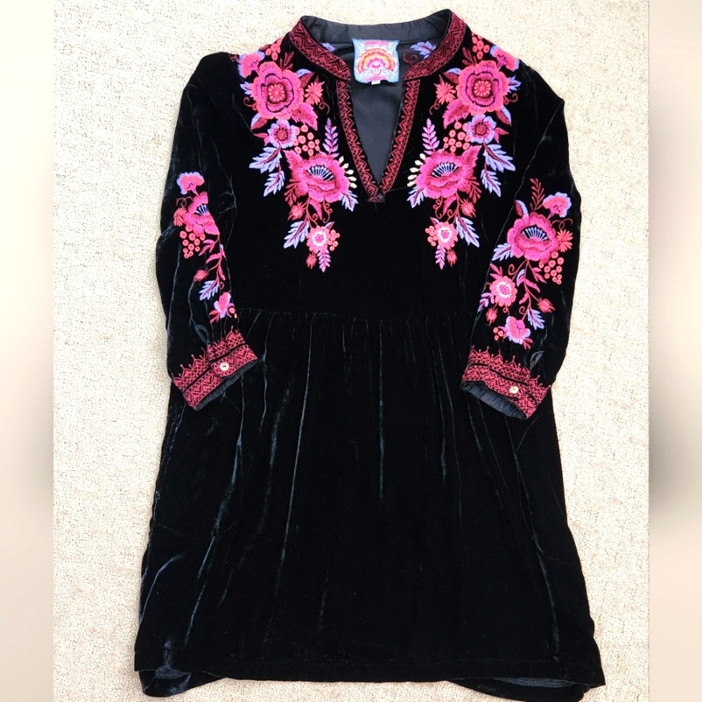 Johnny Was Marcella Floral Velvet Henley Tunic Pockets Dress Heavy Embroidery M - Picture 7 of 13